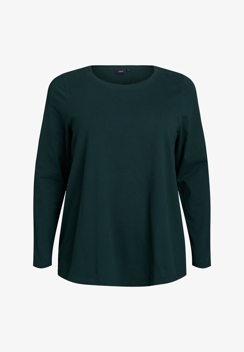 Tumma vihreä pitkähihainen paita, pyöreä kaula-aukko, valmistettu pehmeästä puuvillakankaasta. Ominaisuuksina rento istuvuus, suora helma ja vähäiset ompeluyksityiskohdat.