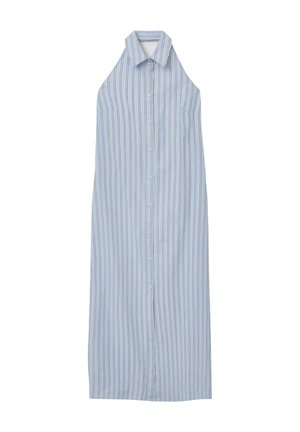 Ärmelloses Hemdkleid in Hellblau mit vertikalen Streifen, ausgestattet mit einem kragenlosen Ausschnitt und einem geraden, knöchellangen Schnitt.
