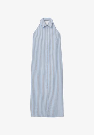 Ärmelloses Hemdkleid in Hellblau mit vertikalen Streifen, ausgestattet mit einem kragenlosen Ausschnitt und einem geraden, knöchellangen Schnitt.