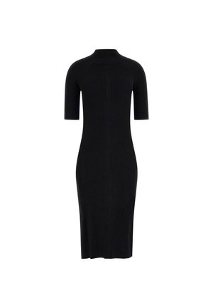Robe noire en maille côtelée longueur genou avec manches courtes et col montant, présentant un subtile motif torsadé central.