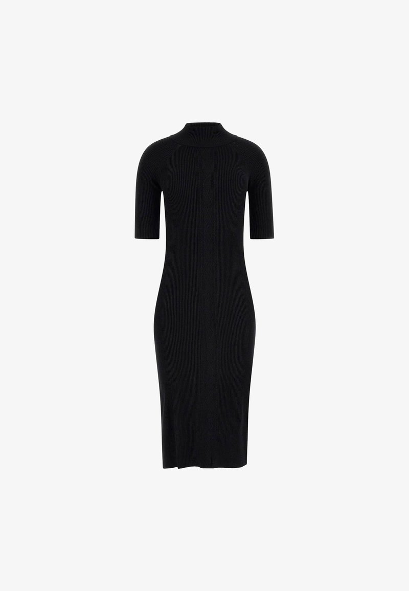 Robe noire en maille côtelée longueur genou avec manches courtes et col montant, présentant un subtile motif torsadé central.