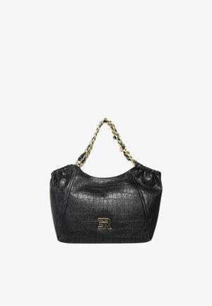 Borsa in faux pelle di coccodrillo nera con manico in catena dorata, forma arrotondata e parte superiore arricciata. Presenta un accento con logo dorato sul davanti.