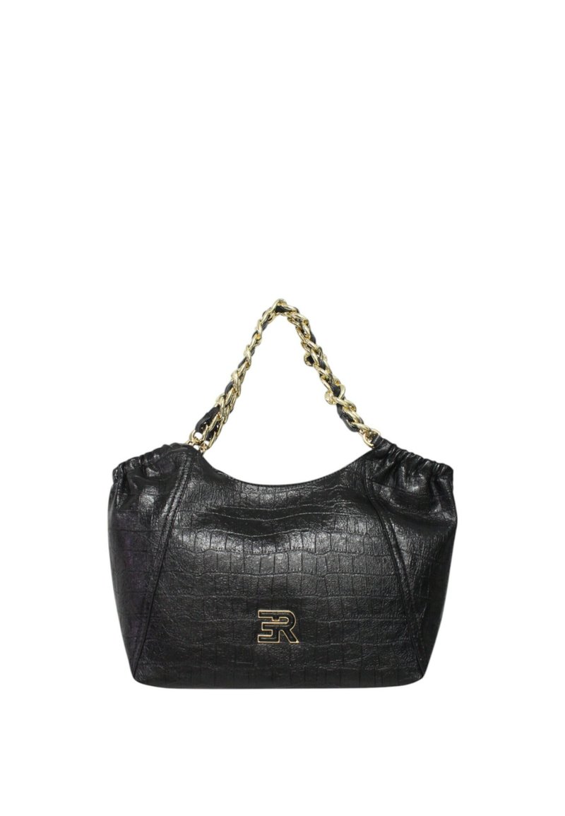 Borsa in faux pelle di coccodrillo nera con manico in catena dorata, forma arrotondata e parte superiore arricciata. Presenta un accento con logo dorato sul davanti.