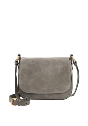 Szara zamszowa torba na ramię z zakrzywioną klapą, regulowanym paskiem i małym złotym logo "JOOP!" na środku przodu.