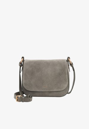 Szara zamszowa torba na ramię z zakrzywioną klapą, regulowanym paskiem i małym złotym logo "JOOP!" na środku przodu.