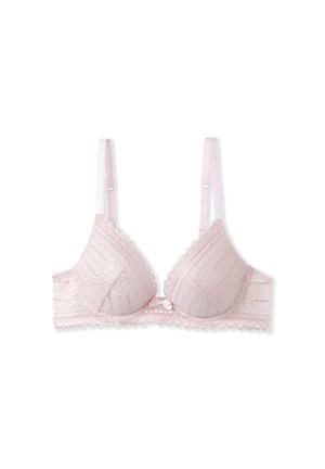 Reggiseno in pizzo rosa chiaro con bordi ondulati. Presenta coppe triangolari, spalline regolabili e un piccolo fiocco al centro frontale.