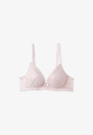 Reggiseno in pizzo rosa chiaro con bordi ondulati. Presenta coppe triangolari, spalline regolabili e un piccolo fiocco al centro frontale.