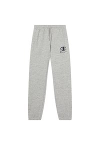 Pantalones de chándal grises de tejido suave, con cinturilla elástica, cordón y un pequeño logo en azul marino en la pierna izquierda.