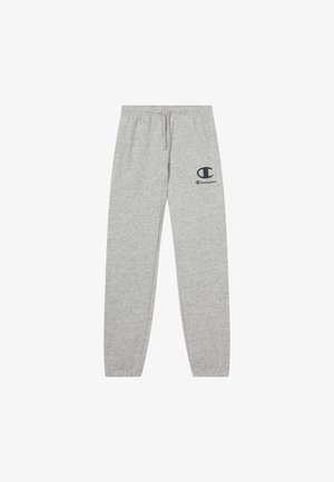 Pantalones de chándal grises de tejido suave, con cinturilla elástica, cordón y un pequeño logo en azul marino en la pierna izquierda.