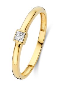Gold ring with a smooth band, featuring a square, princess-cut diamond setting. Polished finish with subtle interior texture.