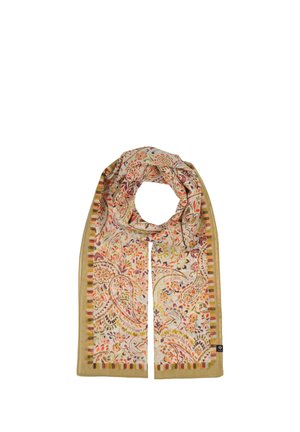 Light beige scarf with multicolor floral paisley patterns and striped border, folded in a loop with ends hanging down.
