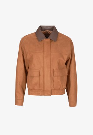 Brown suede bomber jacket with a brown leather collar, elastic waistband, and two front patch pockets. Smooth texture and classic design.