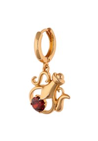 Pendiente de metal con tono dorado que presenta un diseño de rosa con detalles en espiral y una gran piedra preciosa roja en la base. Acabado brillante, detalles intrincados.