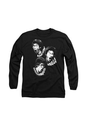 Schwarzes Langarm-T-Shirt mit drei weißen Grafiken von ausdrucksstarken Gesichtern einer Person und den Texten: "AAAOOW," "WHA," und "OOOHHH."