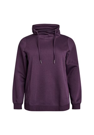 Purple hoodie with a high collar, drawstrings, and a relaxed fit. Features long sleeves and a front pocket for comfort and style.