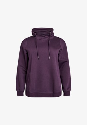 Hoodie viola con colletto alto, stringhe e vestibilità rilassata. Presenta maniche lunghe e una tasca frontale per comfort e stile.