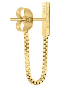 Goudkleurige stalen oorbel met een schakeldesign, voorzien van een ronde bovenkant en een rechthoekige staafaccent gegraveerd met "LIEBESKIND."