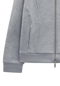 Szara bluza z kapturem na zamek, wykonana z miękkiego materiału, z elastycznymi mankietami, bocznymi kieszeniami i przeszyciami wzdłuż szwów.
