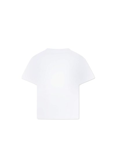 T-shirt en coton blanc à manches courtes, col rond et coupe décontractée. Présente une texture lisse et un design minimaliste sans ornements.