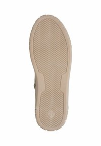 Schoenzool in lichtbeige rubber met een getextureerd visgraatpatroon, voorzien van een ruitvormig logo en maat '37' in reliëf.