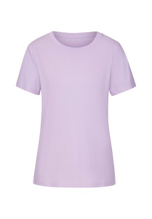 Plain light purple short-sleeve crew neck t-shirt with simple stitching and no visible logos or patterns.