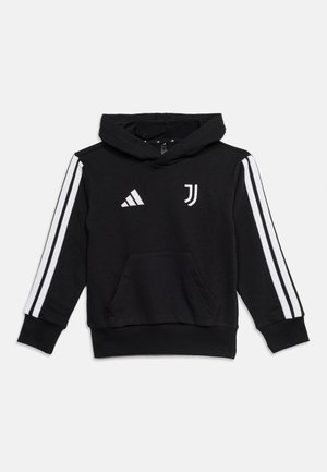 Μαύρο φούτερ με κουκούλα με λευκές ρίγες Adidas στα μανίκια, μπροστινή τσέπη και λογότυπο της ποδοσφαιρικής ομάδας Γιουβέντους στο στήθος.