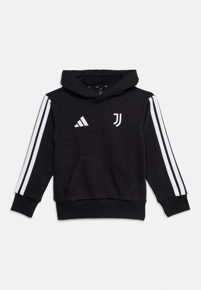 Μαύρο φούτερ με κουκούλα με λευκές ρίγες Adidas στα μανίκια, μπροστινή τσέπη και λογότυπο της ποδοσφαιρικής ομάδας Γιουβέντους στο στήθος.