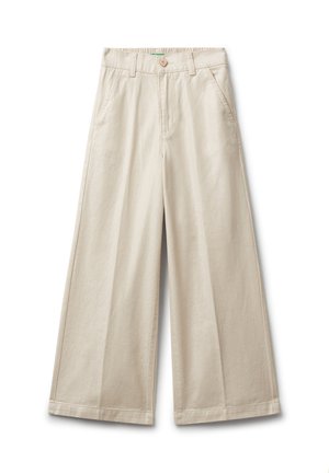 Beige wijde pantalon met voorzakken, riemlussen, een knoopsluiting en een elastische tailleband aan de achterkant.