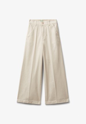 Pantaloni beigi a gamba larga con tasche frontali, passanti per cintura, chiusura a bottone e vita elastica sul retro.