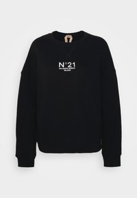 Black sweatshirt featuring a round neck, dropped shoulders, and a white printed label design with "N°21 VIA SANTO SPIRITO MILANO." Soft cotton blend fabric.