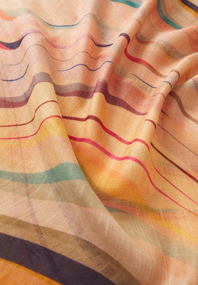 Material multicolor cu dungi netede și fluide în nuanțe de portocaliu, roz, albastru și marou, cu o textură subțire și ușoară.