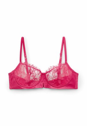 Rosa Balconette-BH aus Spitze und Satin mit verstellbaren Trägern und Bügel, flach liegend auf weißem Hintergrund dargestellt.