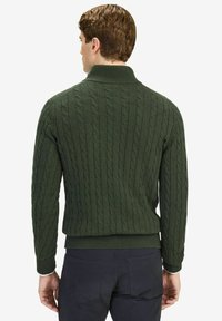 Groene kabel gebreide trui met een hoge kraag. De textuur heeft ingewikkelde patronen en geribde manchetten en zoom.