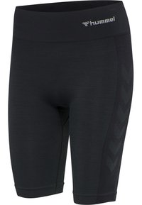 Černé sportovní šortky do kolen s vysokým pasem, bočním chevronovým vzorem a logem "hummel" na přední části pasu.