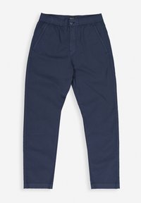 Marineblauwe broek met een elastische tailleband, twee zijzakken en een tapered fit. Katoenen stof, gladde textuur en geen zichtbare patronen.