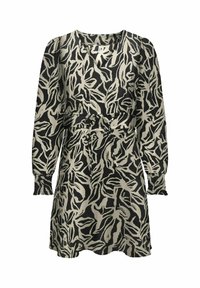 Robe noire et crème à motifs avec des manches longues, des poignets smockés, un décolleté en V et une taille ceintrée ; présente un motif de feuilles abstrait.