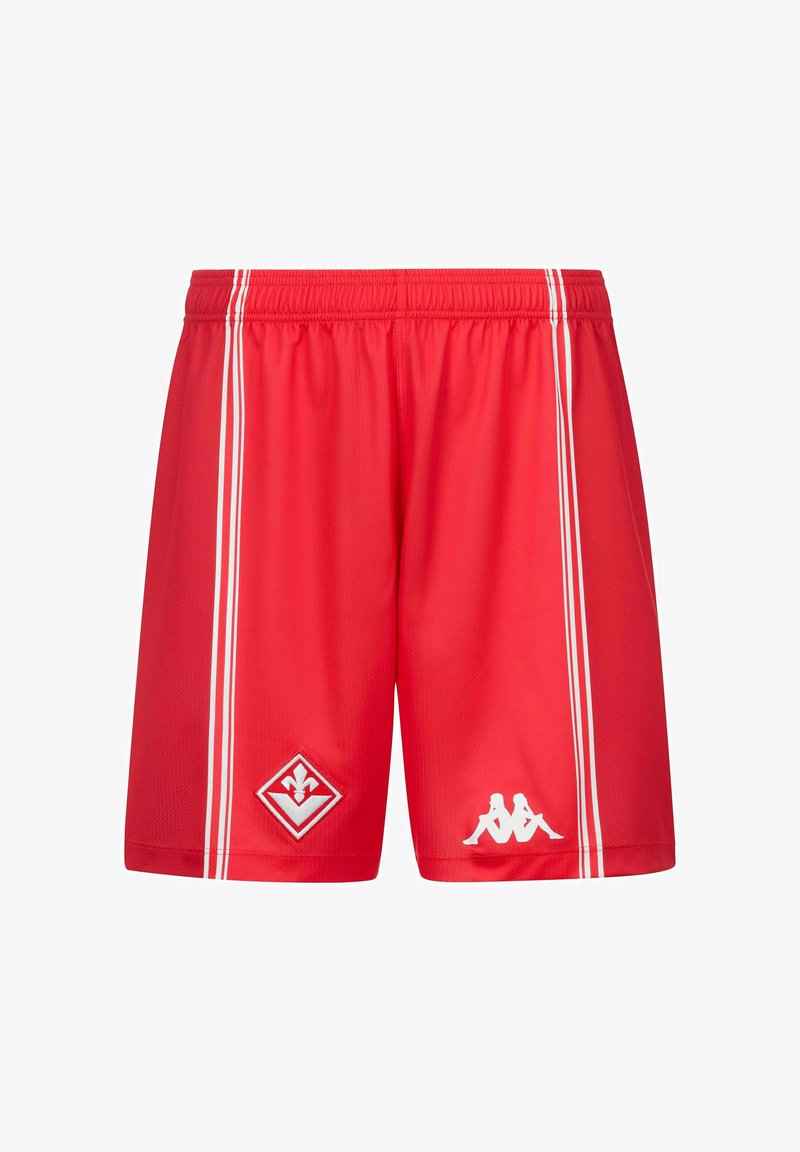 Shorts de sport rouges avec doubles rayures blanches sur les côtés, taille élastique et deux logos blancs près de l'ourlet inférieur sur chaque jambe.