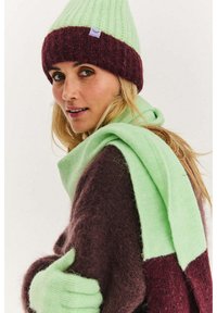 Pletená vlnená čiapka vo svetlozelenej a bordovej farbe, doplnená o svetlozelenú šál. Obe majú jemnú textúru a útulný vzhľad.