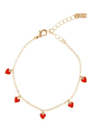 Delicate gold chain bracelet with five small red heart charms evenly spaced and a lobster clasp closure with adjustable links.