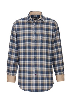 Herren Langarmhemd mit einem karierten Muster in Blau, Beige und Weiß. Verfügt über eine Knopfleiste, einen spitzen Kragen und kontrastierende beigen Manschetten.