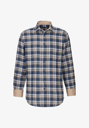 Camicia a maniche lunghe da uomo con un motivo a quadri blu, beige e bianco. Presenta una chiusura con bottoni, colletto a punta e polsini beige a contrasto.