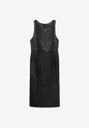 Black leather sleeveless dress with a fitted silhouette, featuring a high neckline and a discreet back zipper closure. Smooth texture throughout.