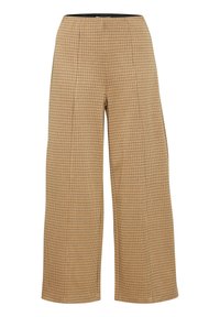 Pantalon large à motif écossais de couleur brun doré. Confectionné en tissu doux, il présente une taille haute et une coupe ajustée.