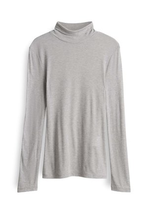 Helles graues Langarm-Turtleneck-Shirt aus einem weichen, dehnbaren Stoff. Mit hohem Kragen und geradem Saum, minimalistischem Nähdetail.