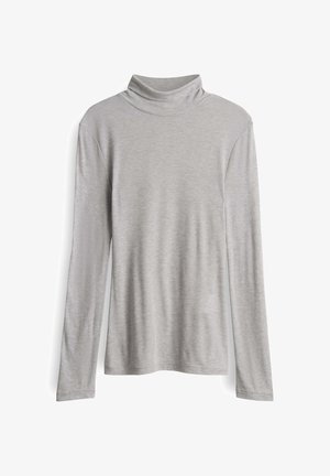T-shirt à col roulé à manches longues gris clair fabriqué en tissu doux et extensible. Présente un col haut et un ourlet droit avec des détails de couture minimaux.