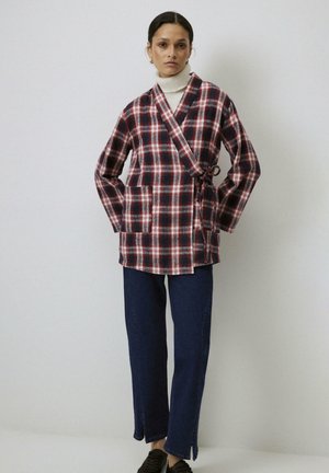 CHECK KIMONO WITH DOUBLE BREASTED TIE - Skraistė  - red