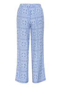 Šviesiai mėlyni ornamentuoti kelnių su gėlių raštu, turinčiais elastingą juosmenį ir plačią kojų liniją. Medžiaga yra lygi.