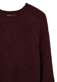 Maglione a coste di un profondo bordeaux, con collo a giro e maniche raglan, etichettato taglia XS/S dal marchio Calliope Wonder.