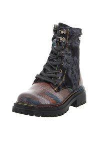 Schnürstiefelette mit einer strukturierten braun-schwarzen Oberseite mit Muster, ausgestattet mit einer klobigen Sohle und mehrfarbigen Steppnähten.