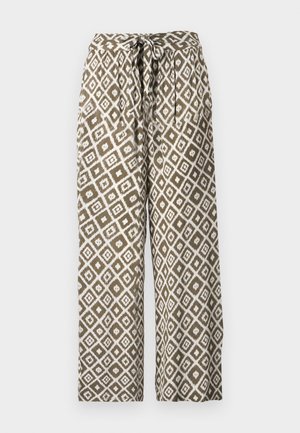 Printed wide-leg trousers in olive green and white. Features a diamond pattern and a drawstring waist. Made from lightweight fabric.